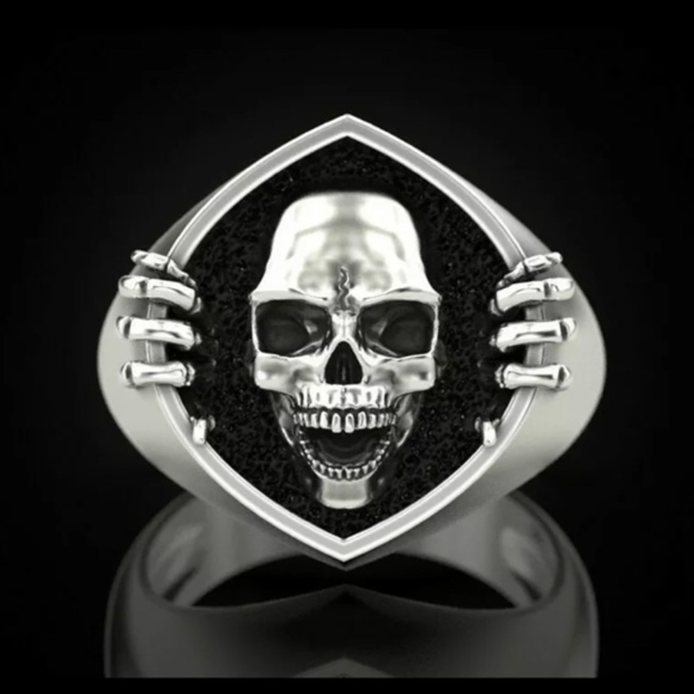 Kivkux SKULL MEN’S 925 Sterling Silver, Bone Oxidized Mens Biker, Signet